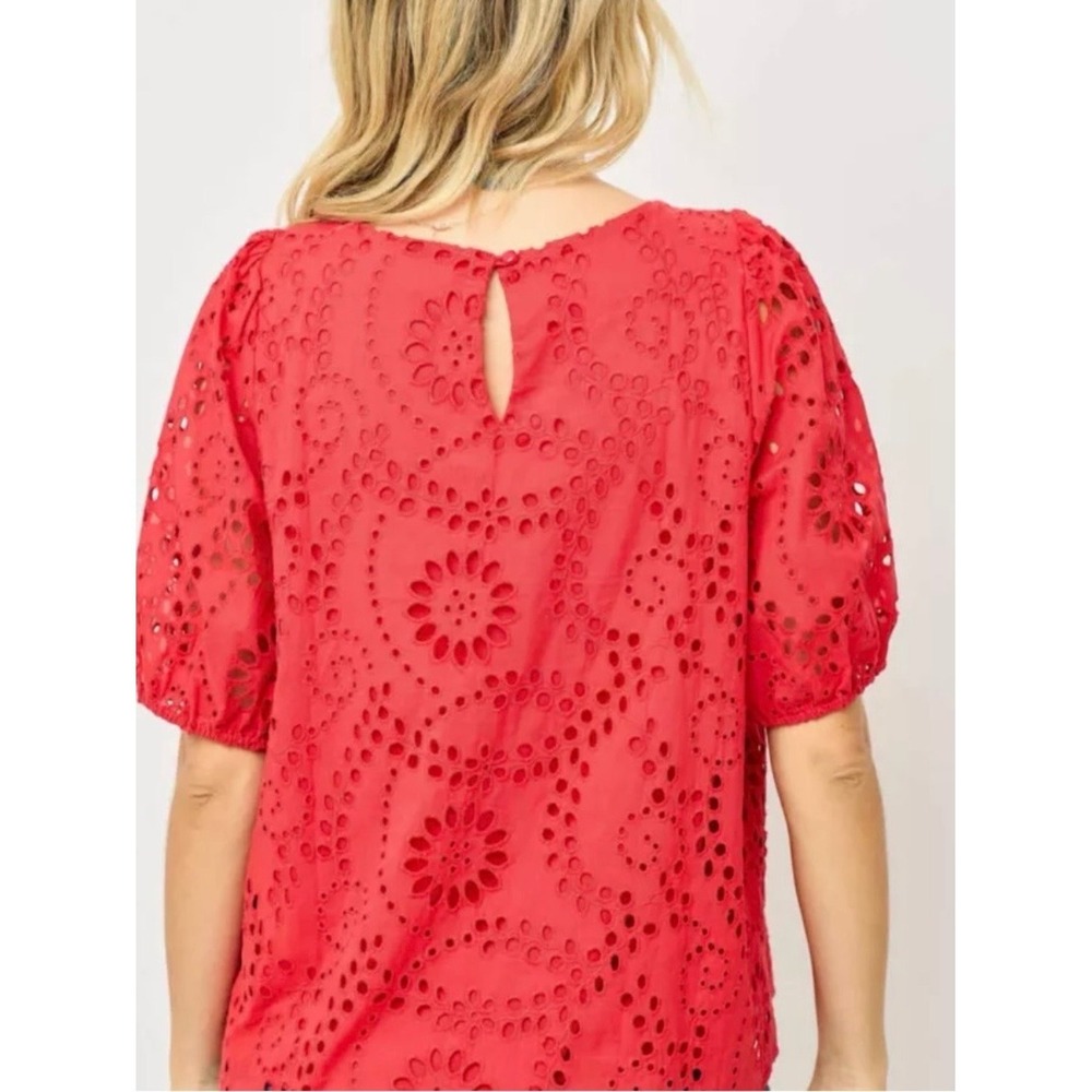 Beacon Bright Red Eyelet Puff-Sleeve Blouse - Picture 10 of 10